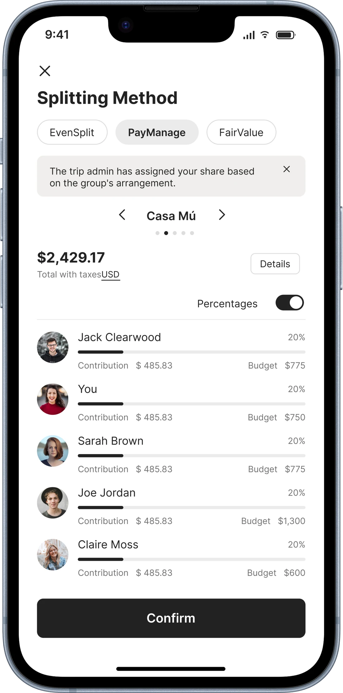 PayManage: the admin assigns each member a percentage and the app shows the resulting contribution against their budget