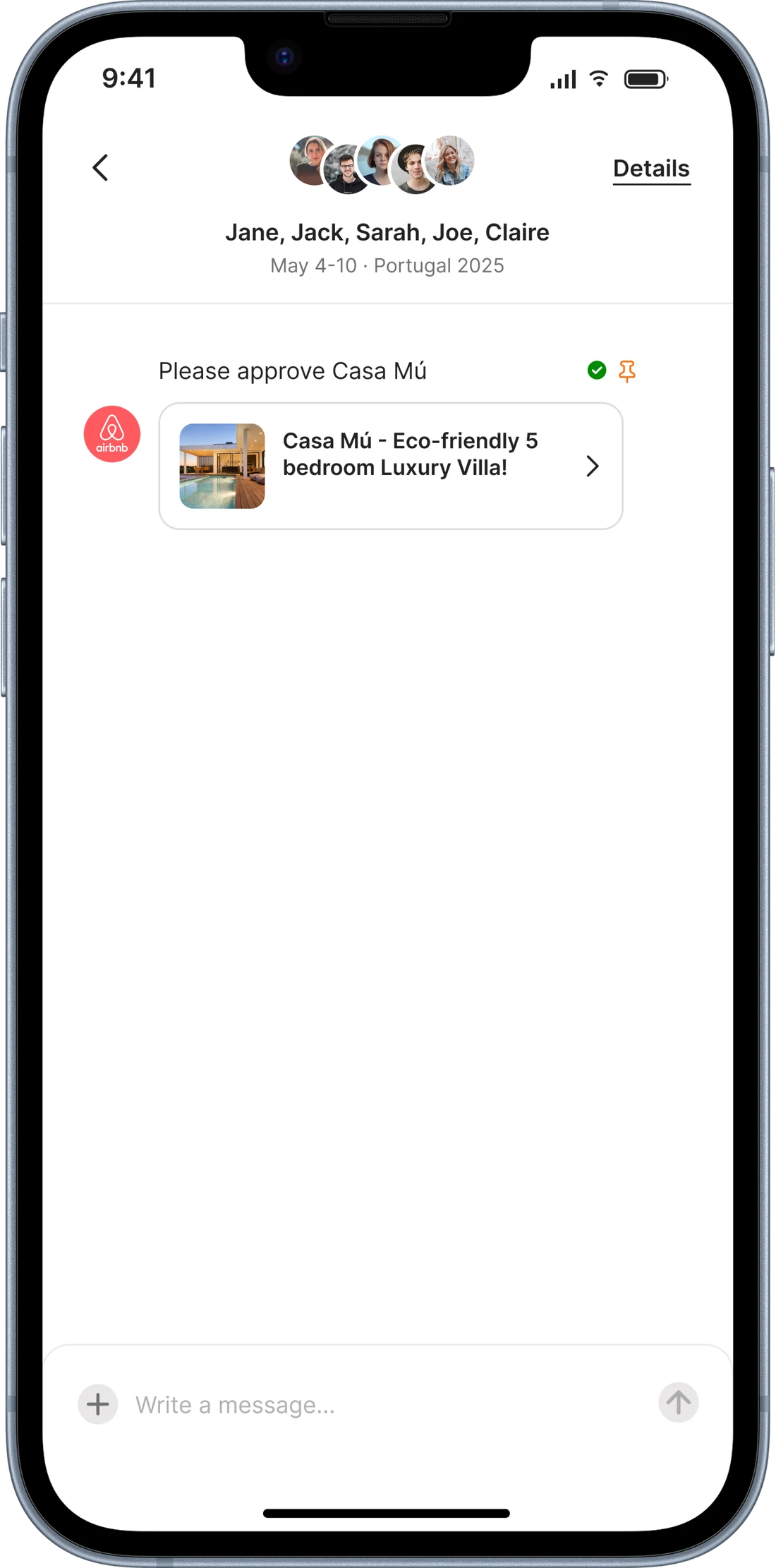 The group message thread, with an approval request for Casa Mú pinned to the top