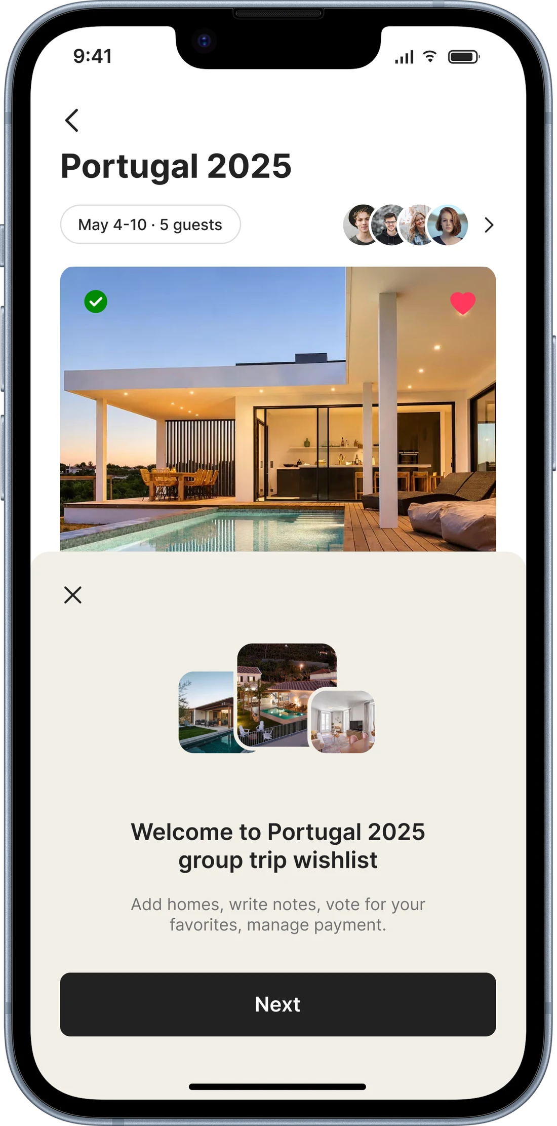 The shared wishlist welcome screen where the group adds homes, writes notes and votes