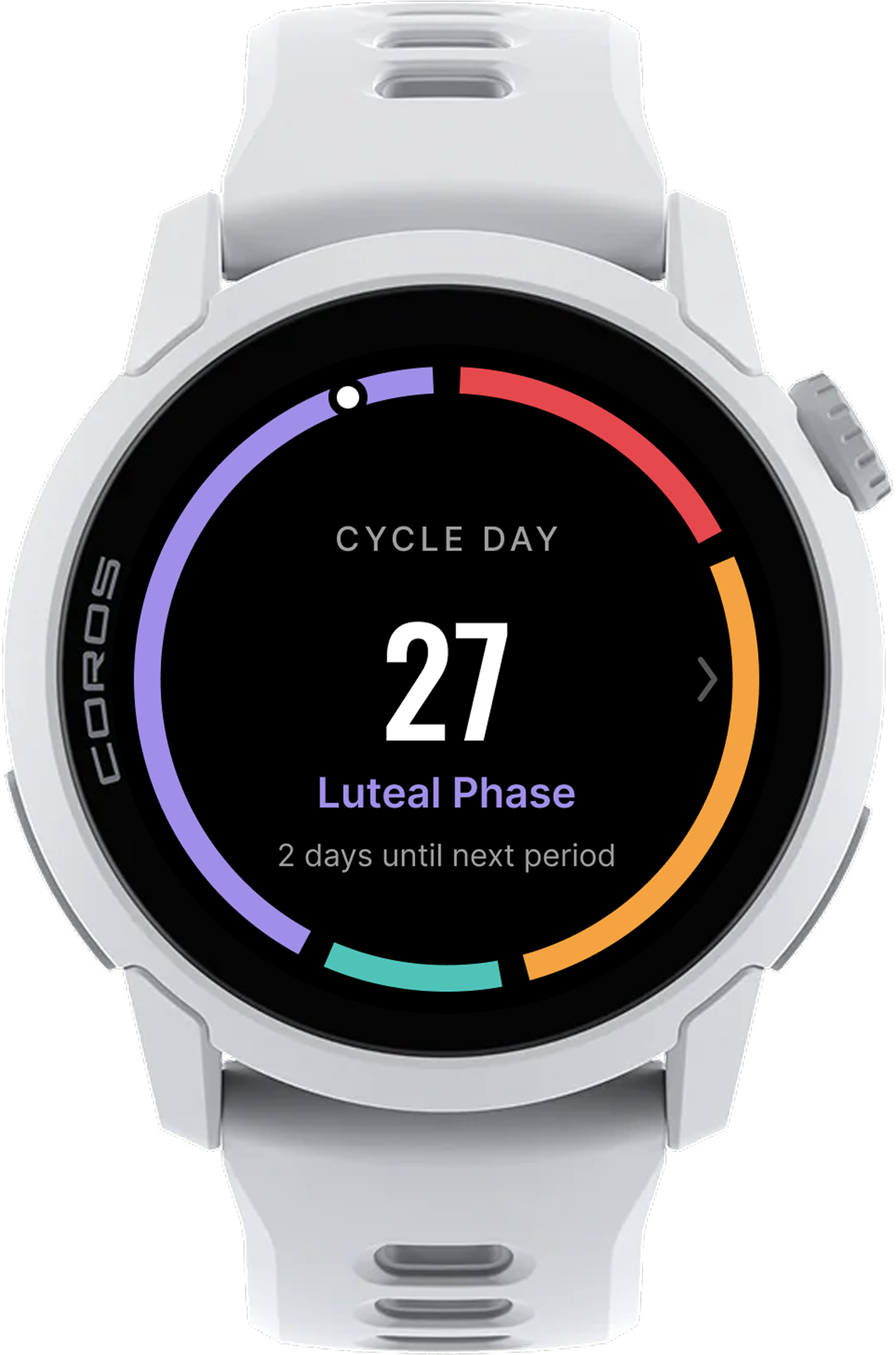COROS watch face showing cycle day 27 and the luteal phase