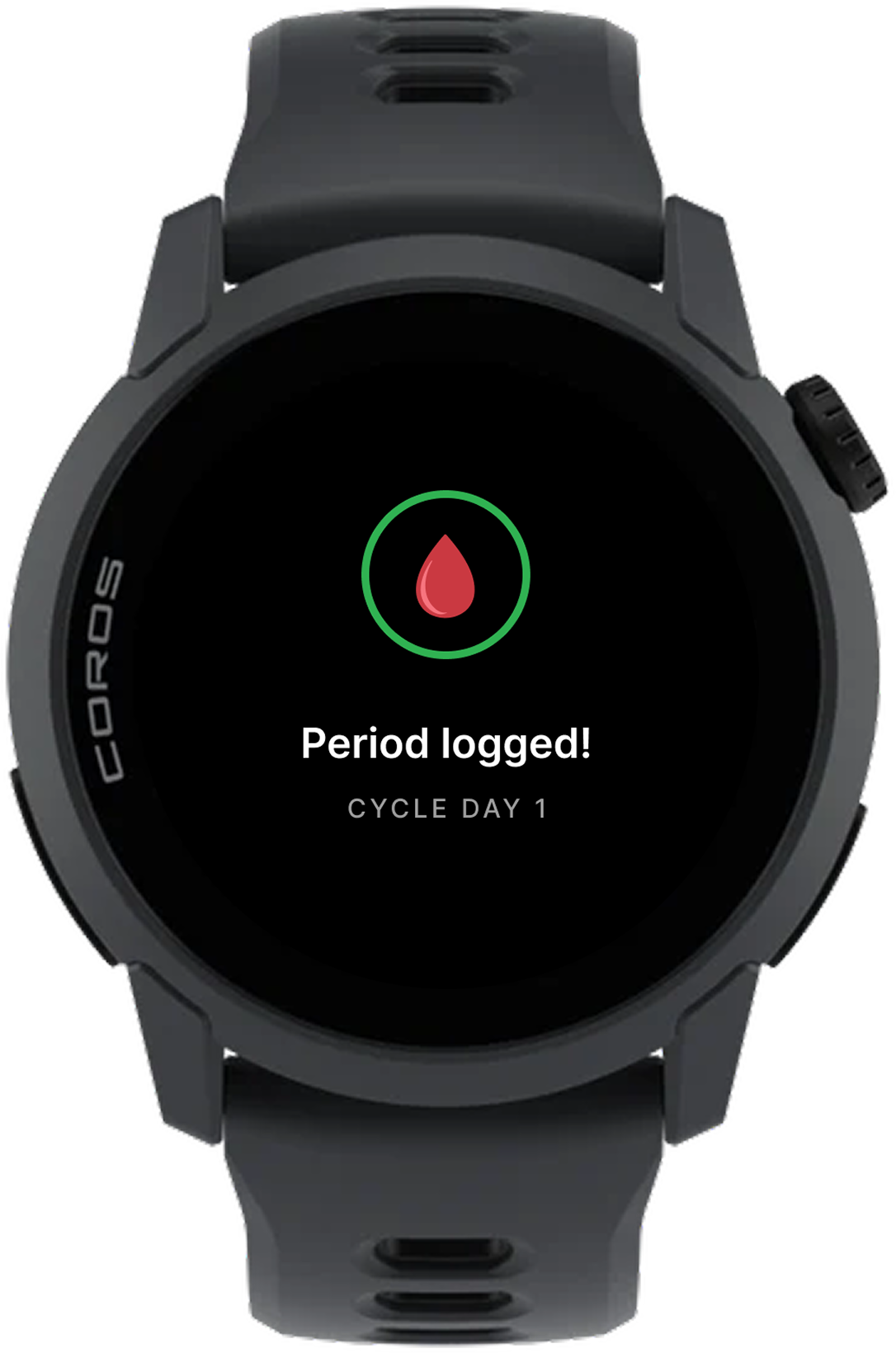 COROS watch confirming a period logged from the wrist
