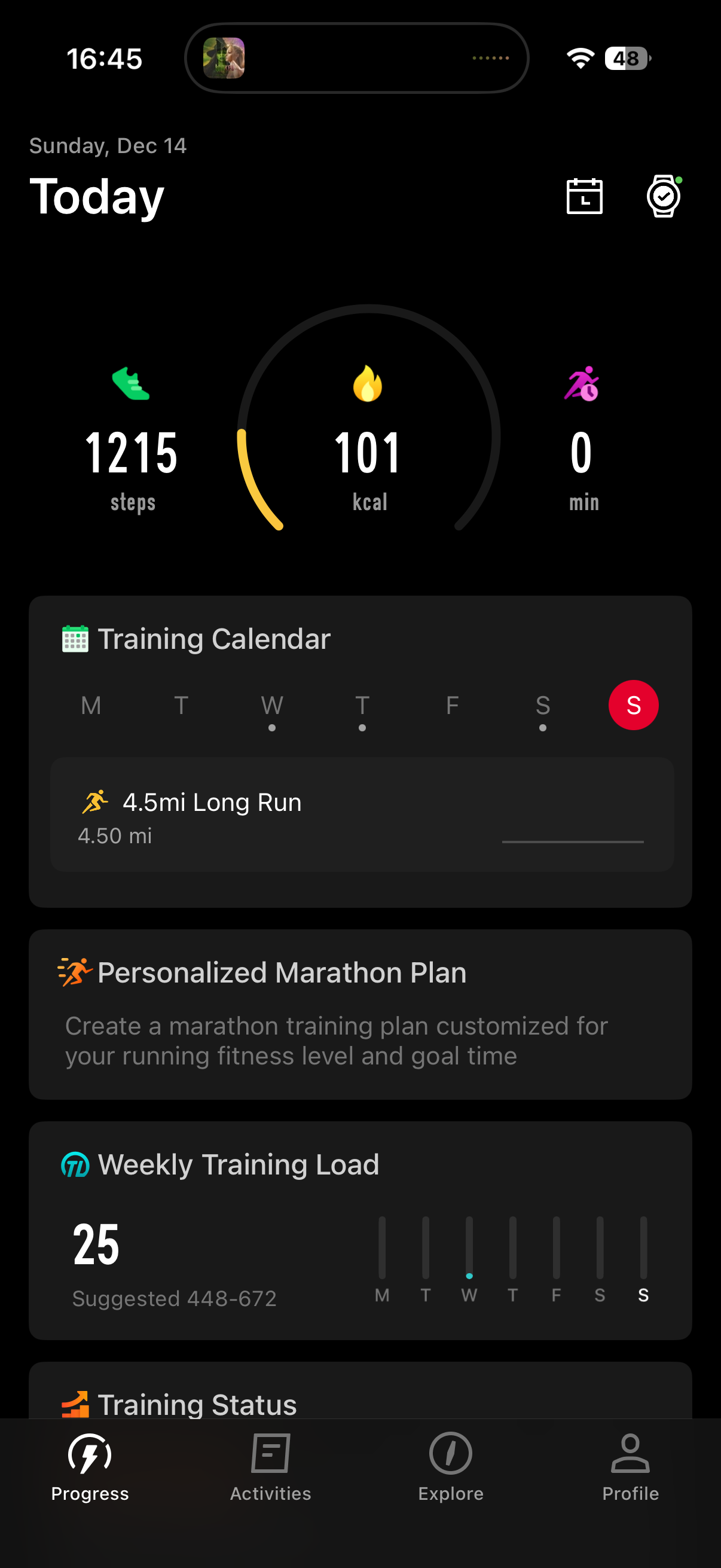 COROS Today screen, cycle buried at the bottom of the list