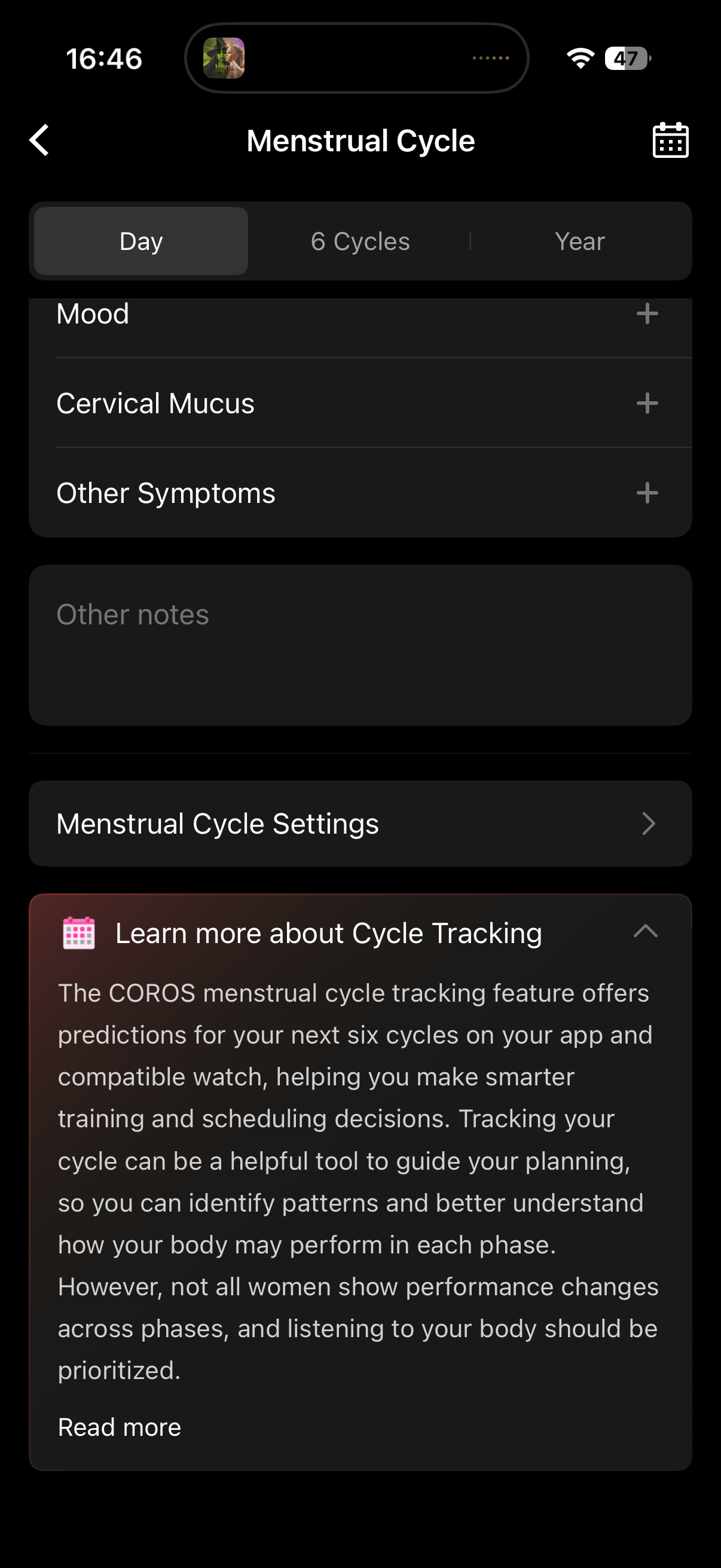 COROS cycle tracking settings and the Learn more explainer
