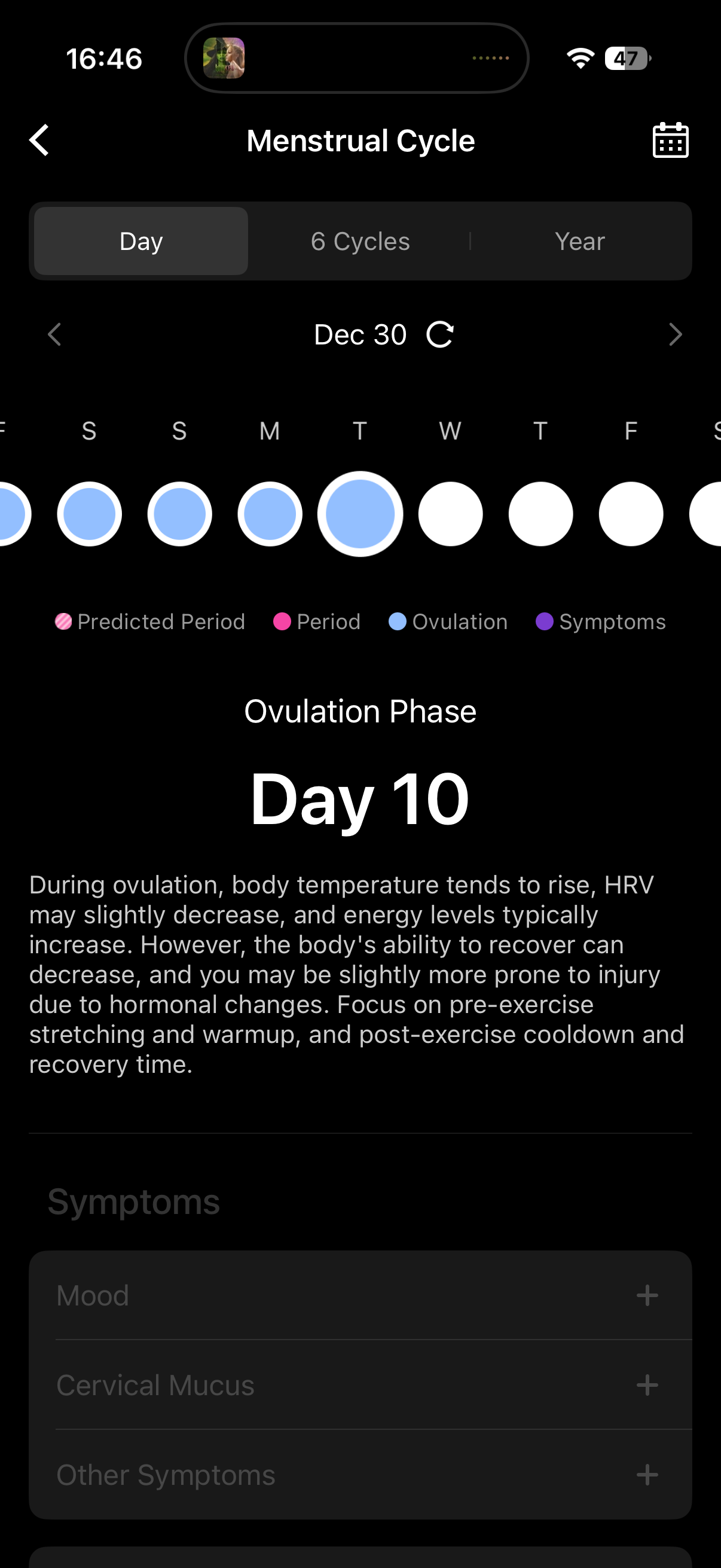 Ovulation Phase, Day 10, with a wall of undifferentiated text