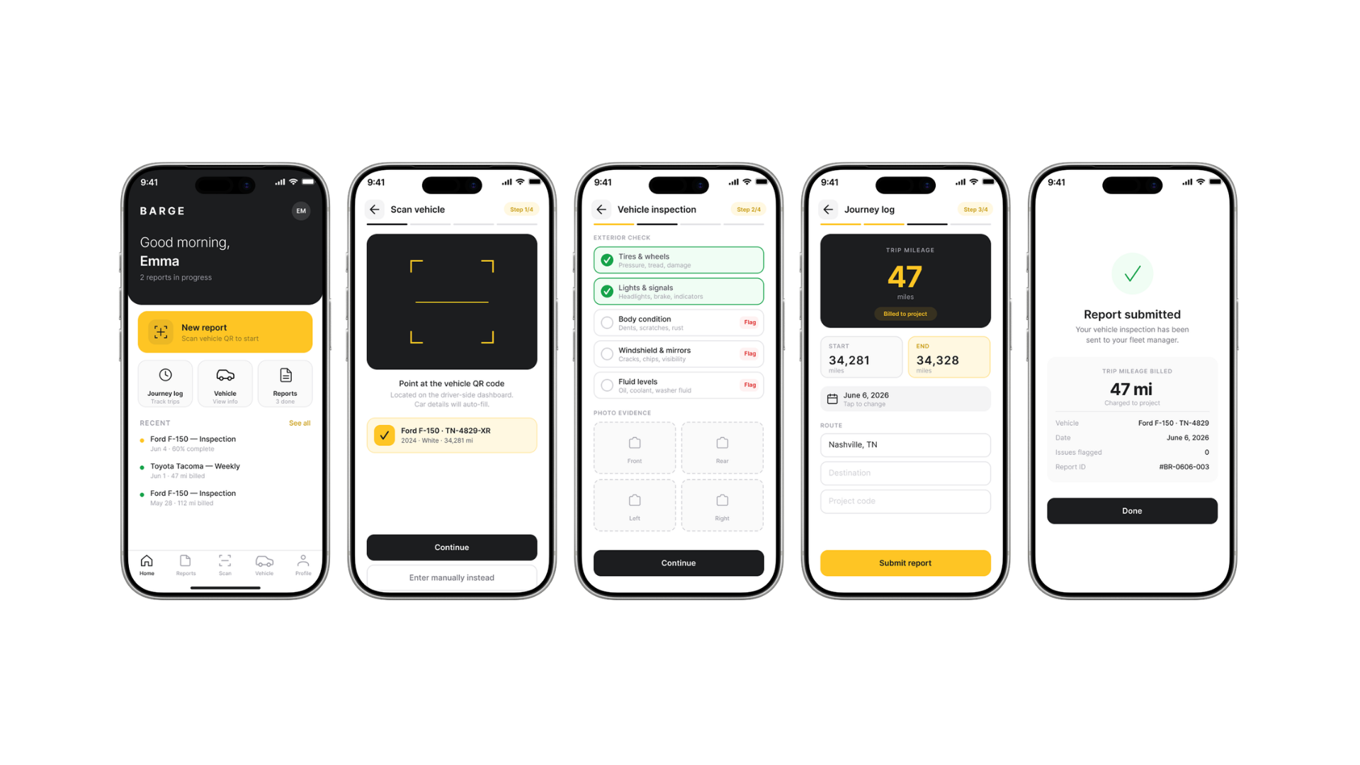 Gauge app screens, the vehicle reporting flow