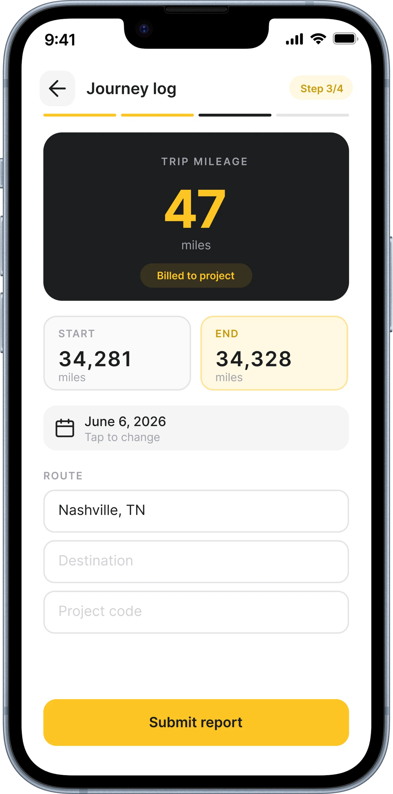 Journey log with trip mileage as the hero number and a billed to project badge