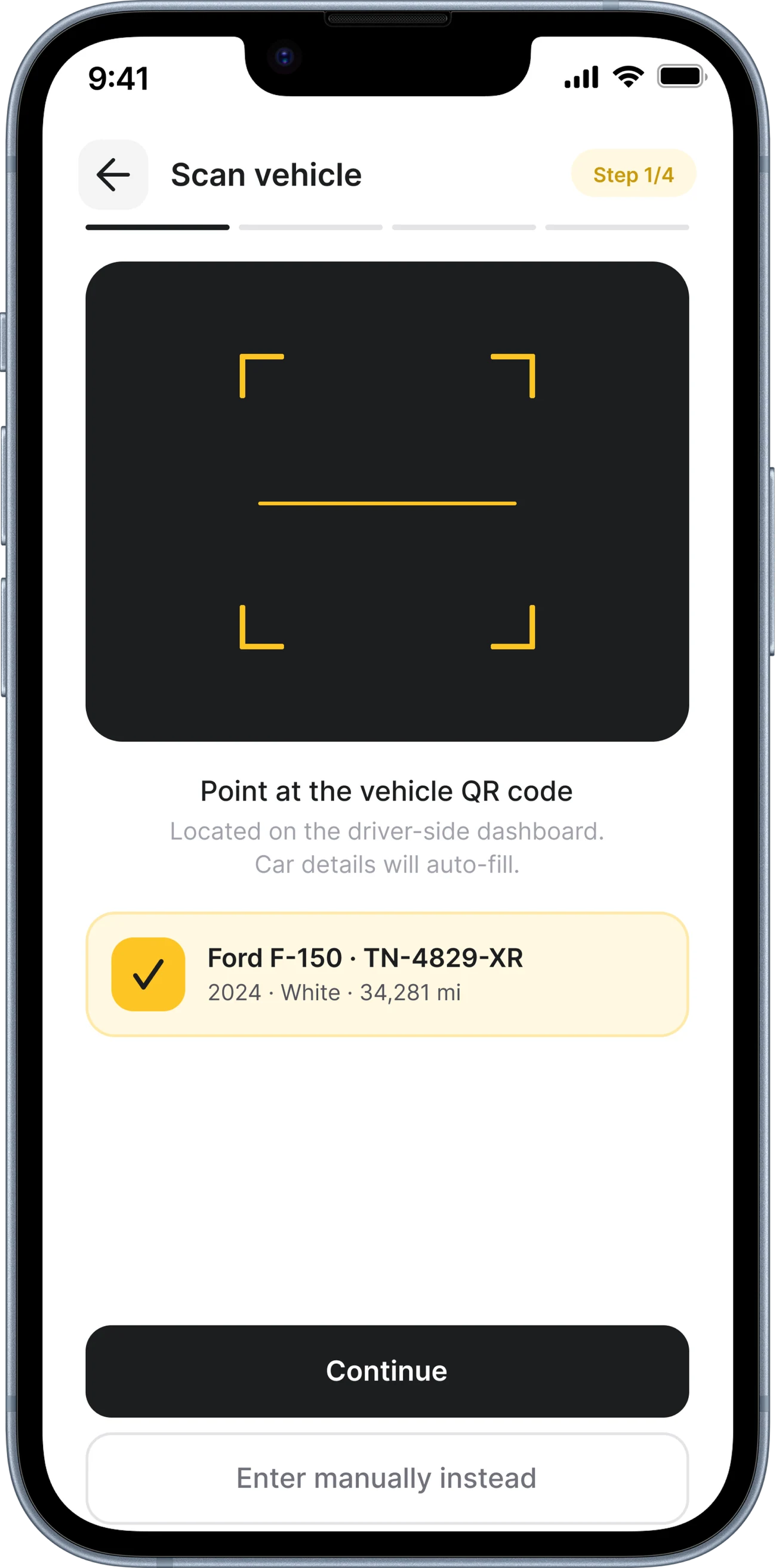 Scan the vehicle QR code, step 1 of 4