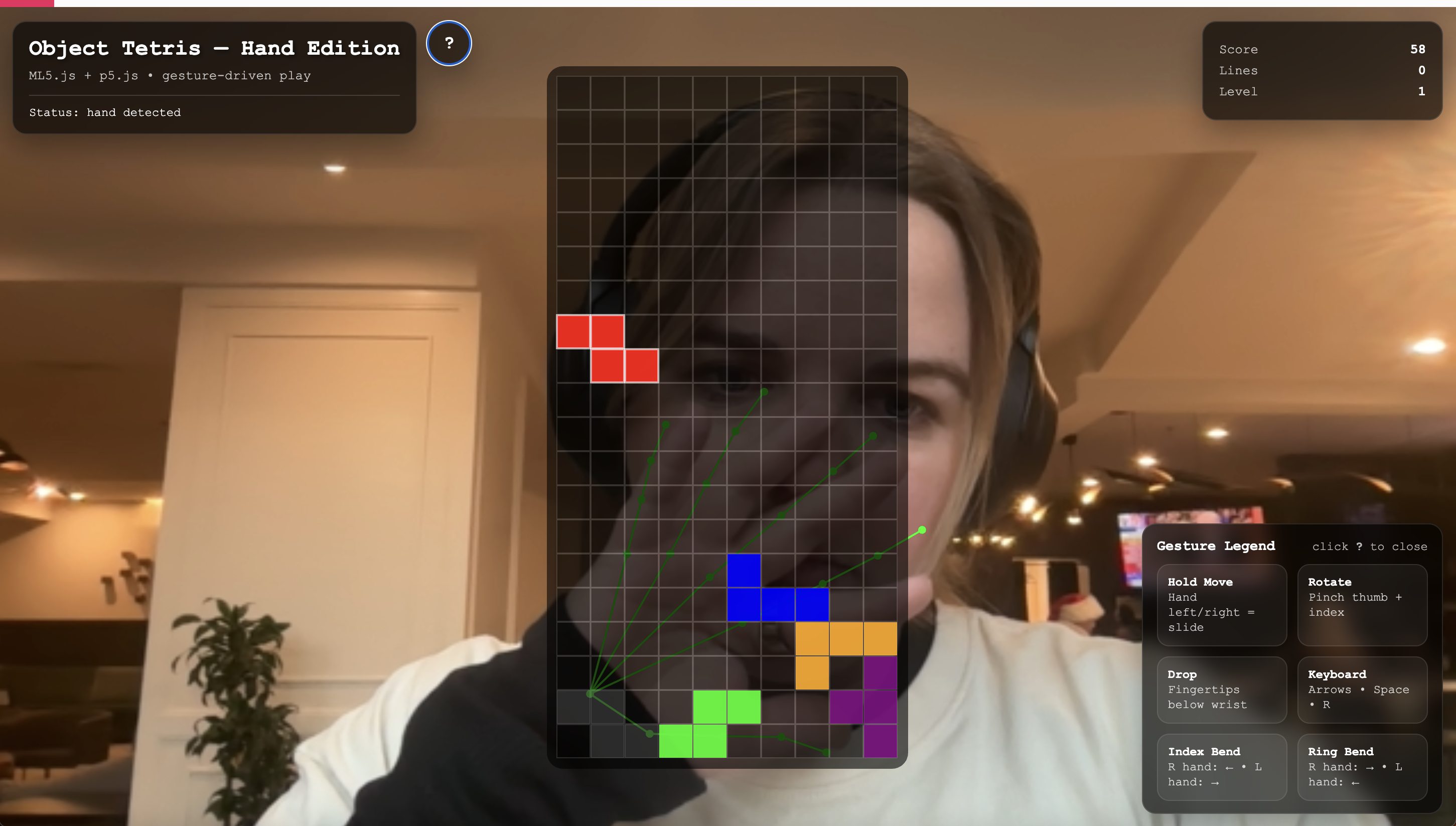 Final game UI with board, score, and gesture legend over the camera feed